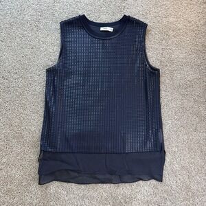 Vince Tunic Tank Top Womens XXS Blue Textured Mesh Silk Lined Sheer Hem